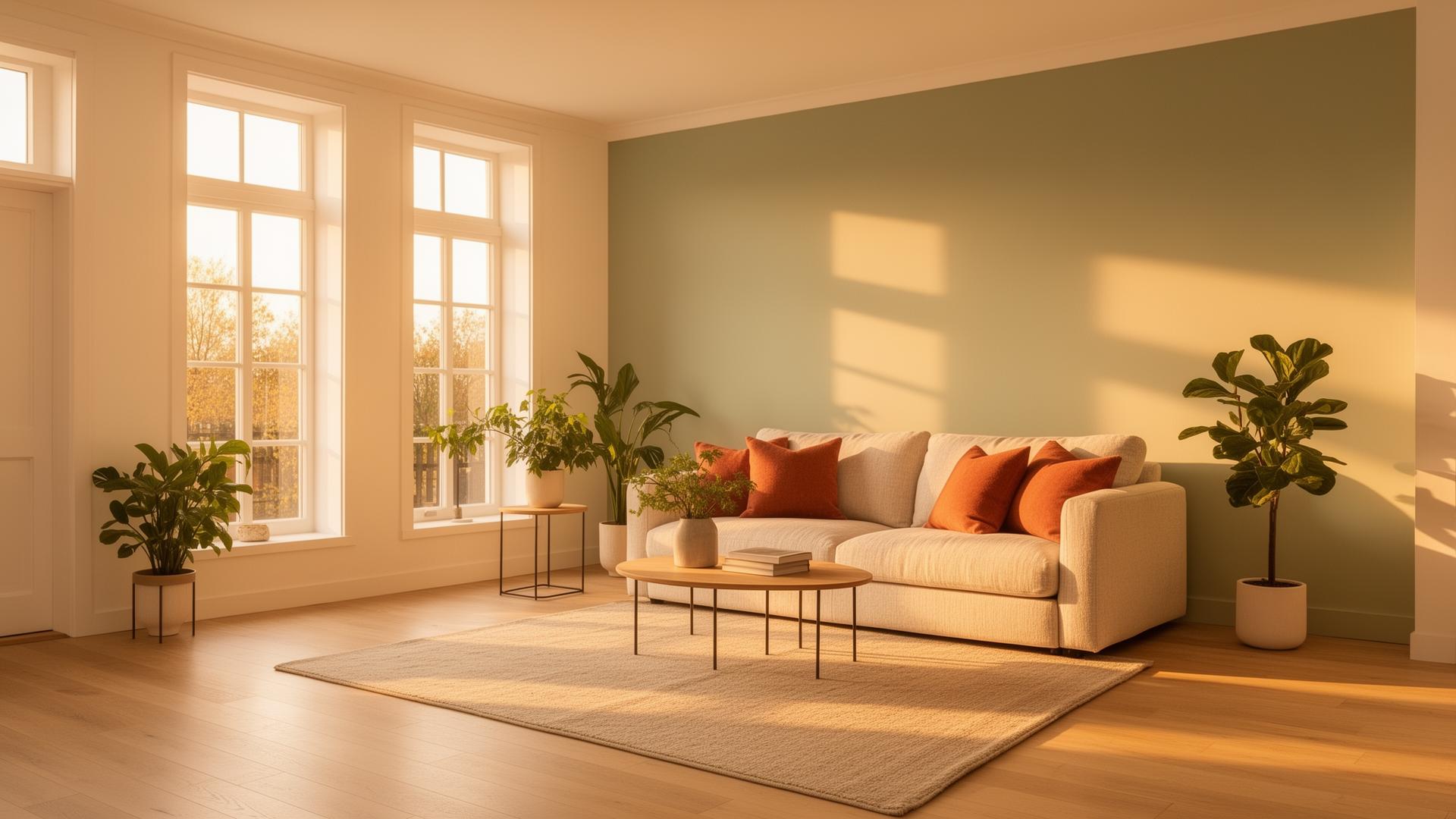 Beautifully painted modern living room with warm sunlight